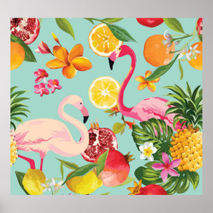 Tropical Fruits Flamingo Vintage Pattern Poster