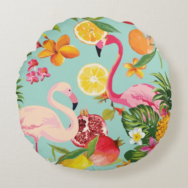 Tropical Fruits Flamingo Vintage Pattern Round Pillow (Front)