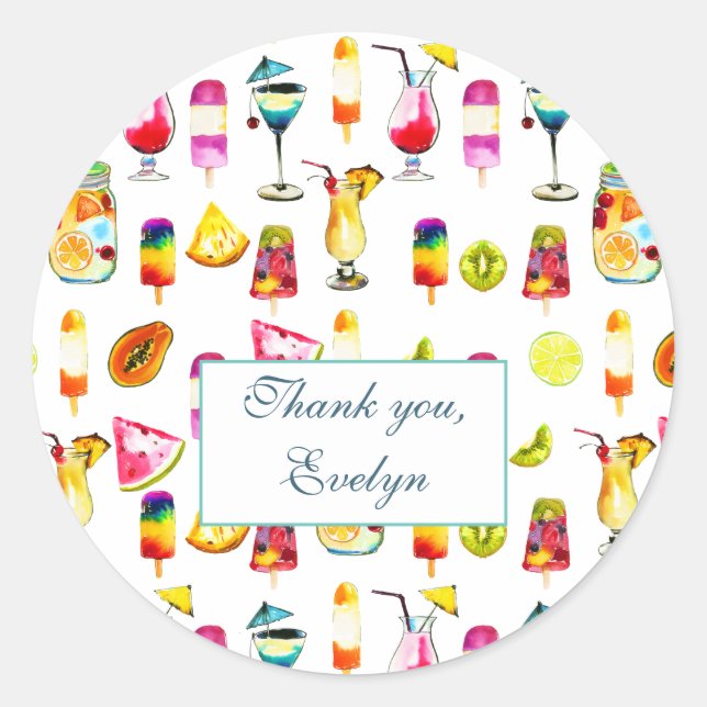 Tropical Fruits, Juice, Cocktail Pool Party Classic Round Sticker (Front)
