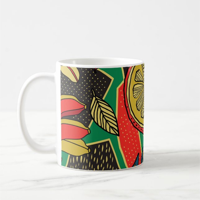 Tropical fruits, leaves, doodle floral pattern. coffee mug (Left)
