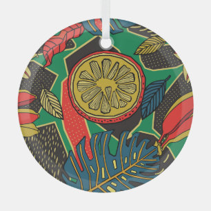Tropical fruits, leaves, doodle floral pattern. glass ornament