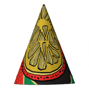 Tropical fruits, leaves, doodle floral pattern. party hat