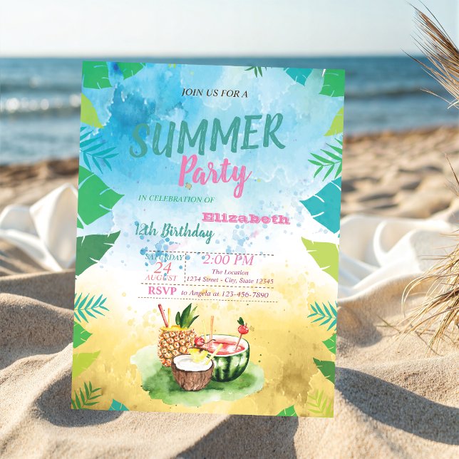 Tropical Fruits,Palm Leaves Summer  Birthday Party Invitation (Creator Uploaded)