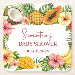Tropical Fruits Pineapple Hawaiian Baby Shower Square Paper Coaster