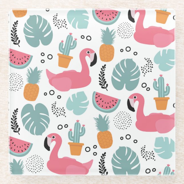 Tropical fruits: repeating pattern. glass coaster (Front)