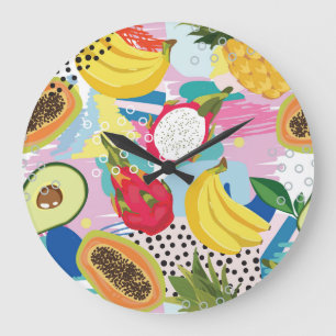 Tropical Fruits, Seamless Vintage Pattern. Large Clock