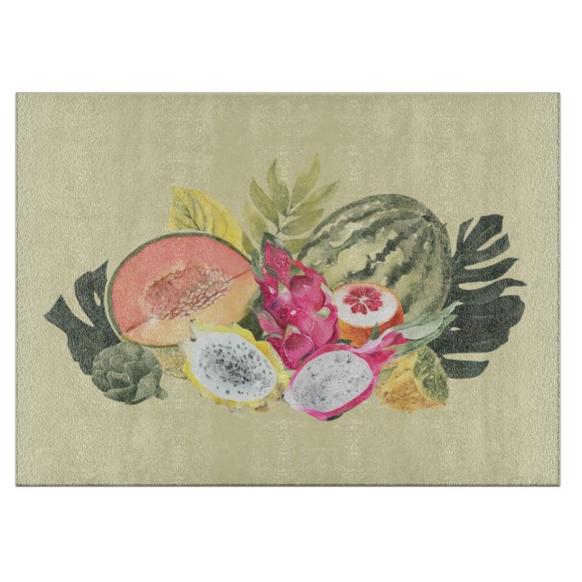 Tropical Fruits Still Life Glass Cutting Board (Front)