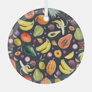 Tropical Fruits: Watercolor Multifruit Pattern. Glass Ornament
