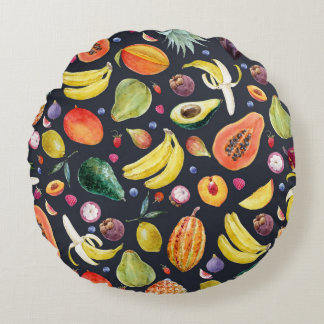 Tropical Fruits: Watercolor Multifruit Pattern. Round Pillow