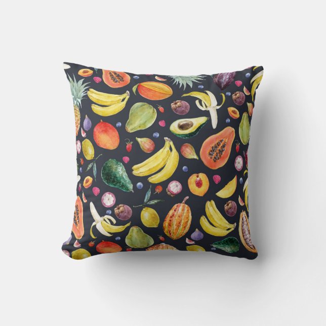 Tropical Fruits: Watercolor Multifruit Pattern. Throw Pillow (Front)