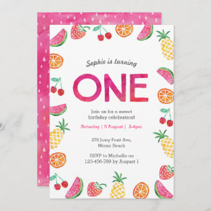 Tropical fruity Pink 1st Birthday Invitation