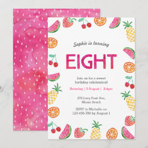Tropical fruity Pink 8th Birthday Invitation
