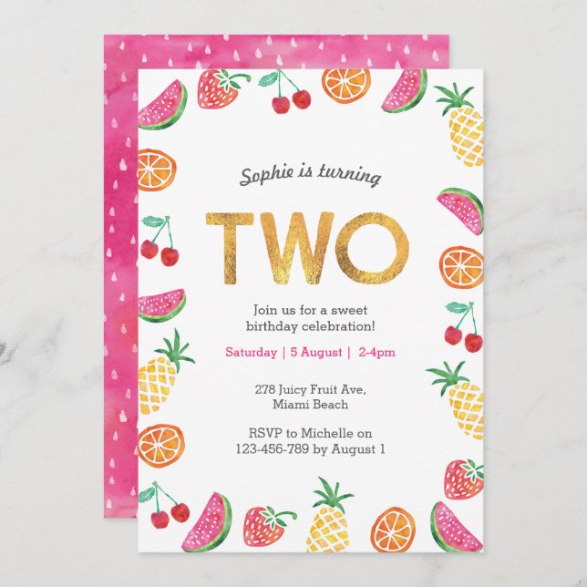 Tropical fruity Pink Gold 2nd Birthday Invitation (Front/Back)