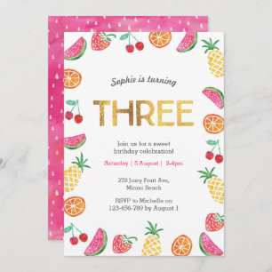 Tropical fruity Pink Gold 3rd Birthday Invitation