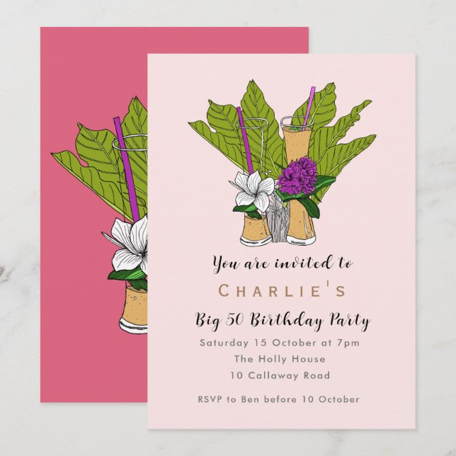Tropical fun colourful 50 birthday cocktail party invitation (Front/Back)