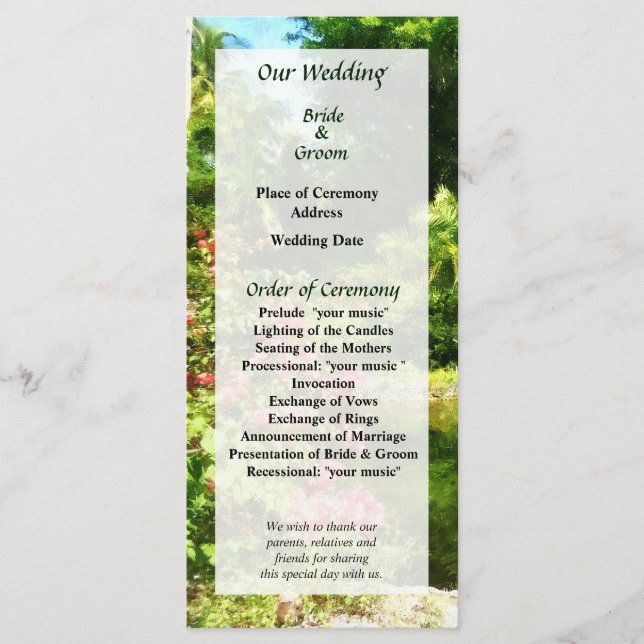 Tropical Garden by Lake Wedding Program (Front)