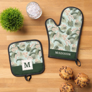 Tropical Garden Floral Orchid & Palm Pattern Oven Mitt & Pot Holder Set