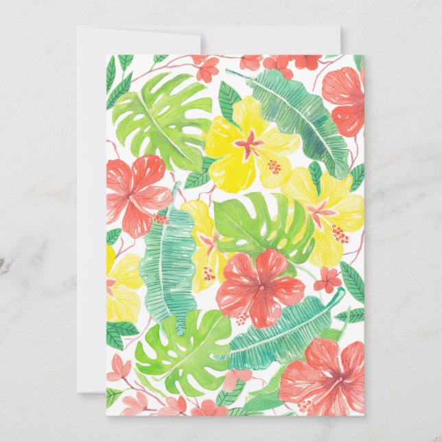 Tropical garden, hibiscus plumeria and palm leaves (Front)