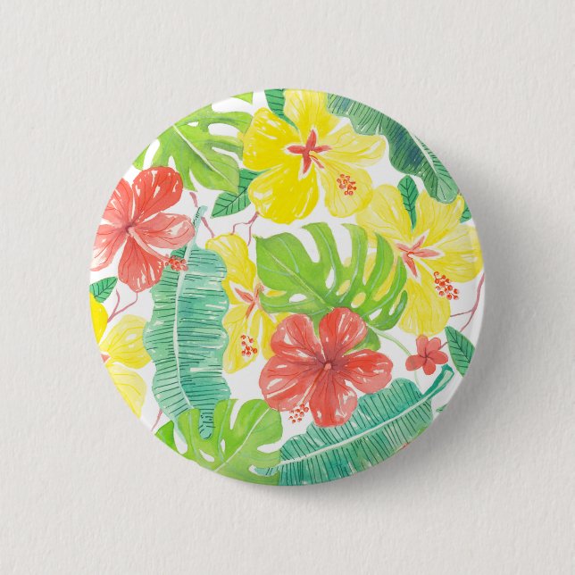 Tropical garden, hibiscus plumeria and palm leaves 2 inch round button (Front)