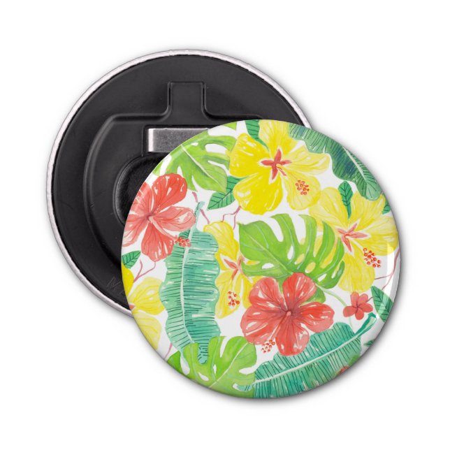 Tropical garden, hibiscus plumeria and palm leaves bottle opener (Front)