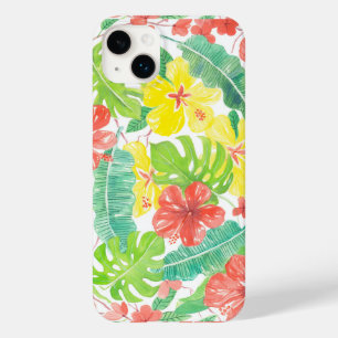 Tropical garden, hibiscus plumeria and palm leaves Case-Mate iPhone 14 plus case