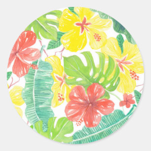 Tropical garden, hibiscus plumeria and palm leaves classic round sticker