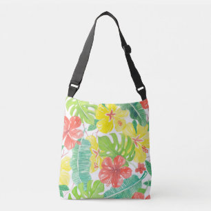 Tropical garden, hibiscus plumeria and palm leaves crossbody bag