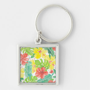 Tropical garden, hibiscus plumeria and palm leaves keychain