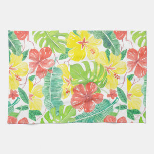 Tropical garden, hibiscus plumeria and palm leaves kitchen towel