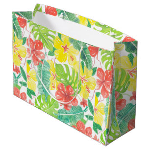 Tropical garden, hibiscus plumeria and palm leaves large gift bag