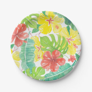 Tropical garden, hibiscus plumeria and palm leaves paper plate