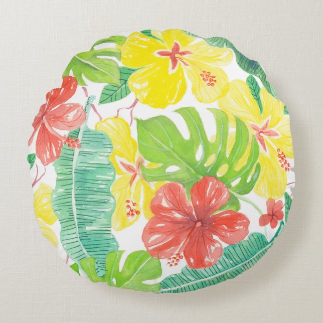 Tropical garden, hibiscus plumeria and palm leaves round pillow (Front)