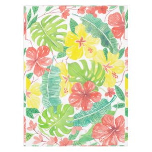 Tropical garden, hibiscus plumeria and palm leaves tablecloth