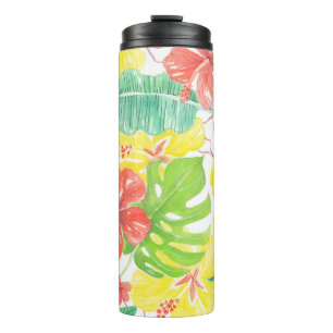 Tropical garden, hibiscus plumeria and palm leaves thermal tumbler