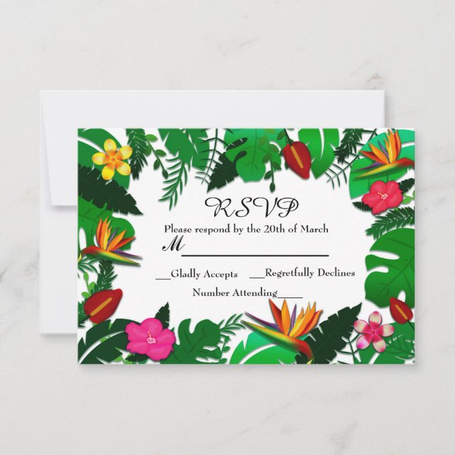 Tropical Garden Leaves & Flowers Wedding RSVP Card (Front)