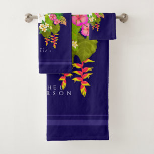 Tropical Garden Monogram Navy Bath Towel Set