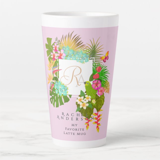 Tropical Garden Monogram Pink Latte Mug (Front)