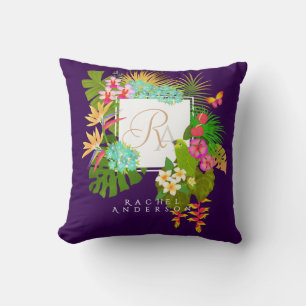 Tropical Garden Monogram Purple Throw Pillow