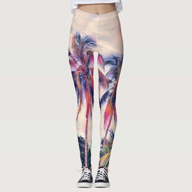 Tropical garden, sunset palm scene. leggings (Front)