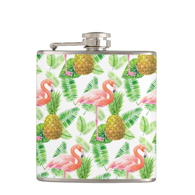 Tropical garden watercolor pattern hip flask (Front)