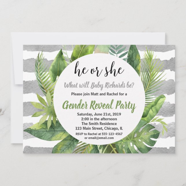 Tropical gender reveal invitations green grey (Front)