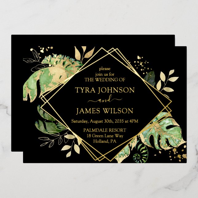 Tropical Geometric Black & Gold Wedding (Front/Back)