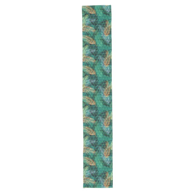 Tropical Geometric Palm Leaves Green Pattern Long Table Runner (Front)