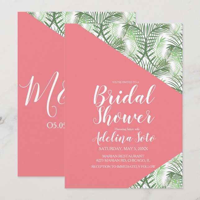Tropical Geometrical Palm Oasis Pink Bridal Shower Invitation (Front/Back)