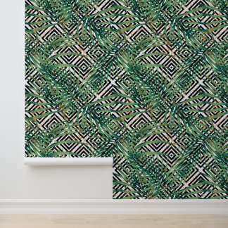 Tropical geometry - green leaves gold and shapes wallpaper