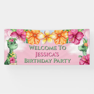 Tropical girl dinosaurs jungle flowers pink green banner