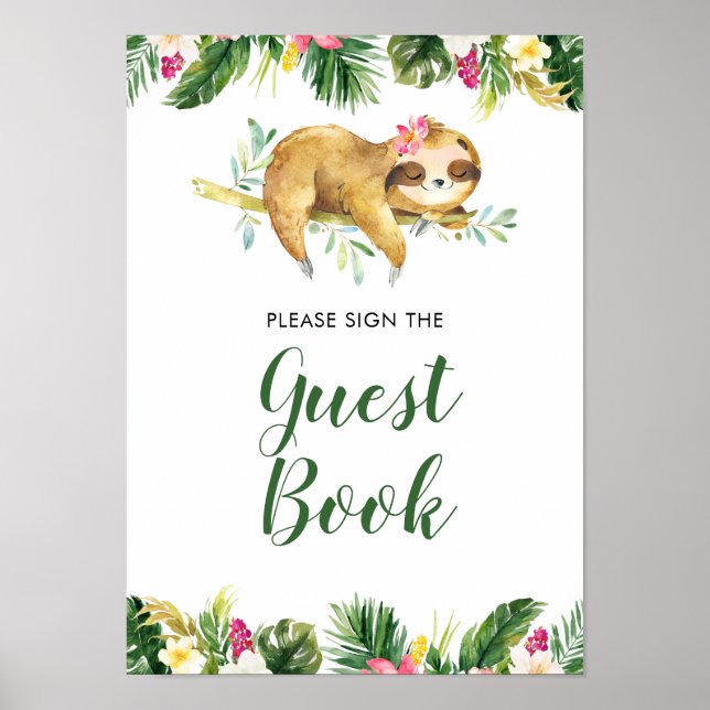 Tropical Girl Sloth Baby Shower Guest Book (Front)