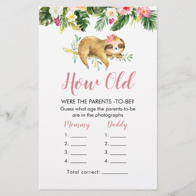 Tropical Girl Sloth Baby Shower How Old Parents (Front)