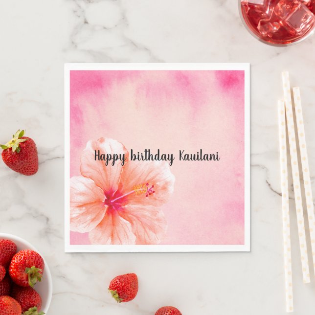 Tropical Girly Pink Peach Hibiscus Flower Napkin (Insitu)