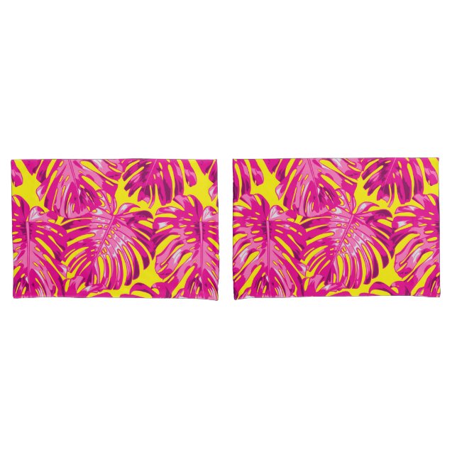 Tropical Girly Pink Yellow Palm Leaves Pillowcase (Front-Set)